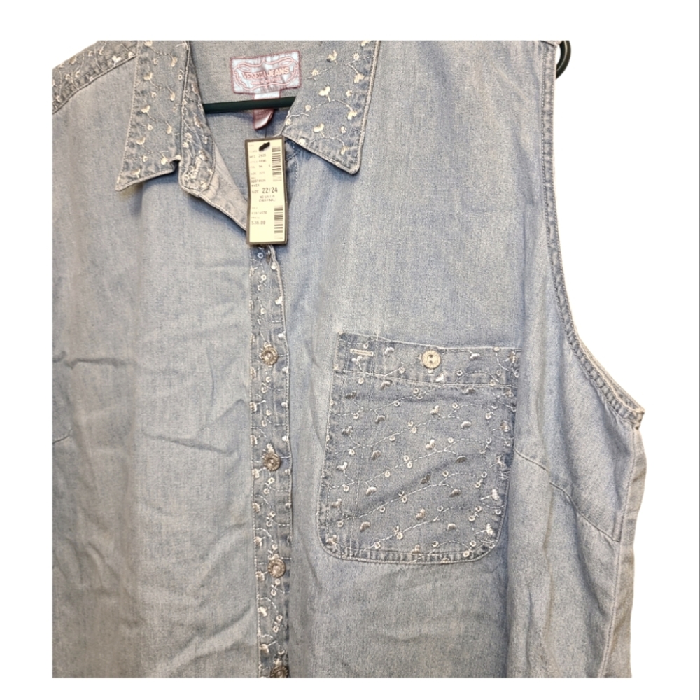 Venezia Jeans Shirt Vest Sz 22/24 Blue Sleeveless Chambray Denim Embroidered
